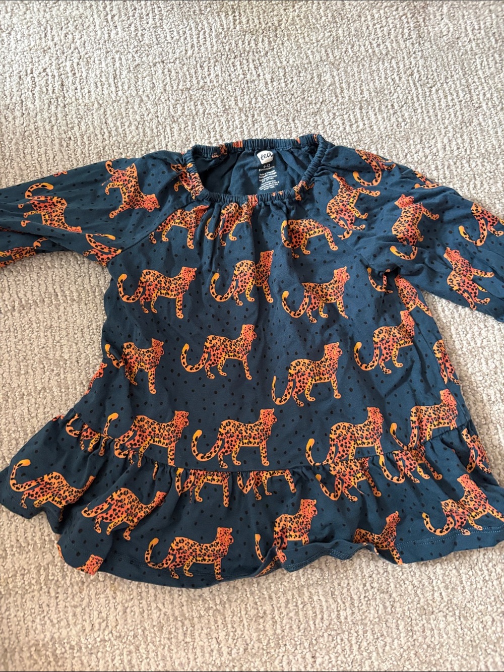 Tea Collection Navy Top with Orange Leopard Print and Ruffle Hem